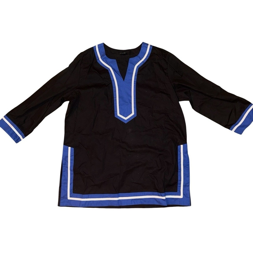IMAN Global Chic Blouse Tunic V-Neck  Black Blue Size Medium 3/4 Sleeve New